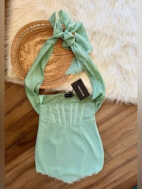PrettyLittleThing Sage Green Chiffon Cross Halter Lace Mini Dress Size 0 NWT